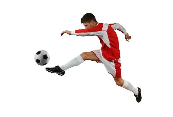 Jogador Futebol Chuta Soccerball Saltando — Fotografia de Stock