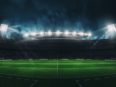 Bir futbol stadyumunun içinde oyun sahası. 3B Hazırlama