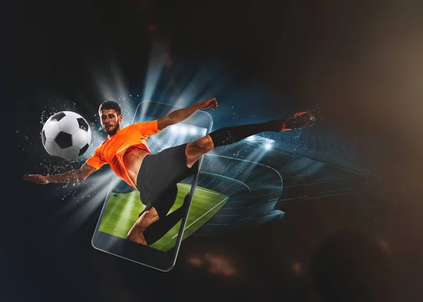 Soccer Players Cellphone Ball Stadium — Stockfoto