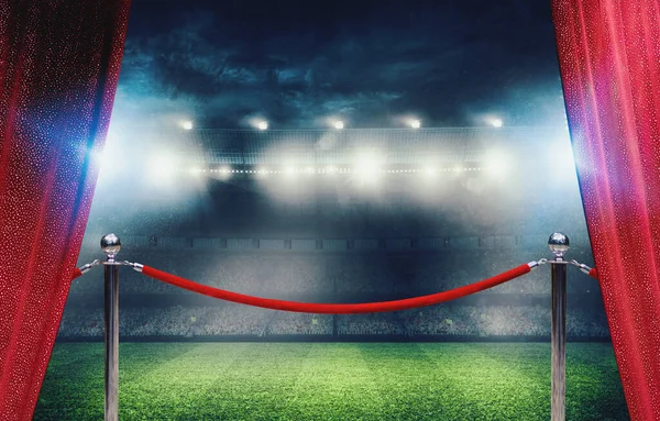 Football stadium with losed event of VIP soccer match delimited by barriers red rope