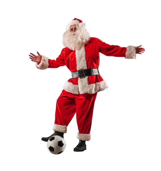 Père Noël Prêt Jouer Football Avec Ballon Football — Photo