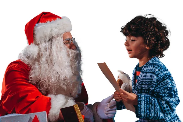 Санта Клаус Слушает Подарочную Просьбу Ребенка Рождество — стоковое фото