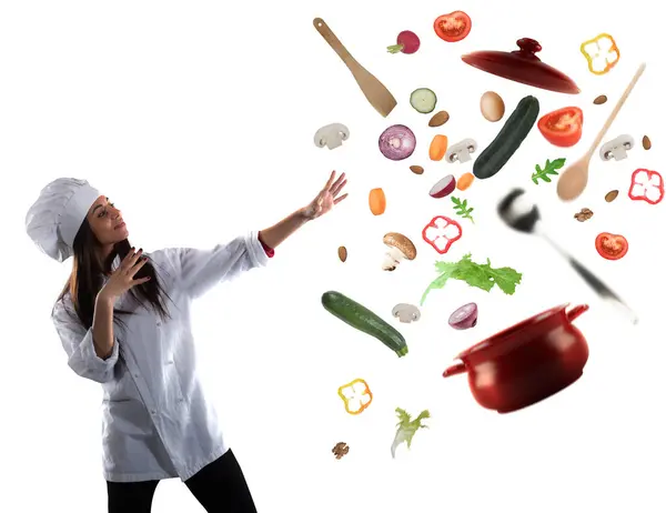 Woman Chef Looks Enchanted Ingredients Ready Cook New Dish — Stockfoto