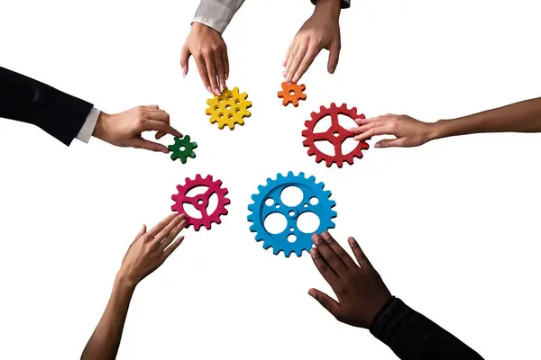 Business Team Connect Pieces Gears Teamwork — Stock Photo, Image