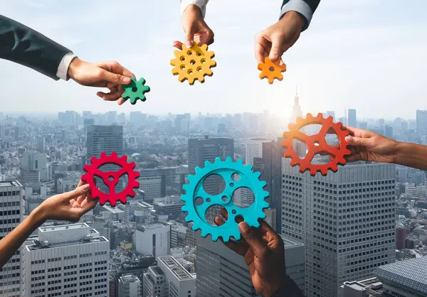 Business People Connect Pieces Gears Teamwork Partners — Stock Photo, Image