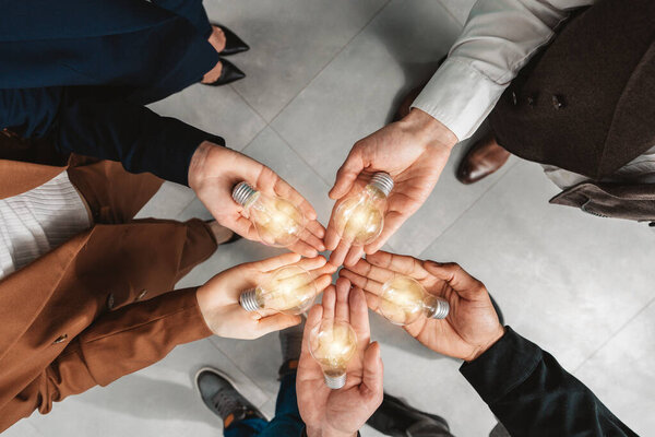 Teamwork Brainstorming Concept Businessmen Share Idea Lamps Stock Photo