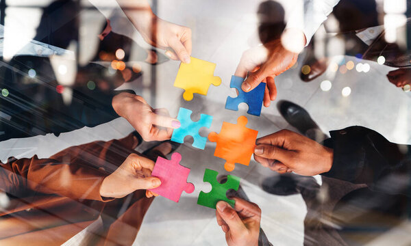 Teamwork Partners Concept Integration Startup Puzzle Pieces Stock Photo