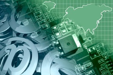 Communication collage - map, mail signs and electronic components.