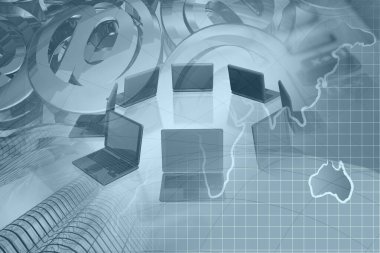 İletişim kolajı - harita, posta tabelaları ve dizüstü bilgisayarlar.