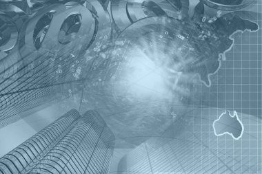 İletişim kolajı - harita, posta işaretleri ve rakamlar.