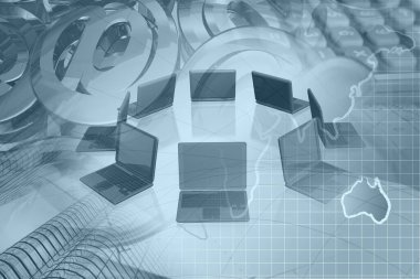 İletişim kolajı - harita, posta tabelaları ve dizüstü bilgisayarlar.