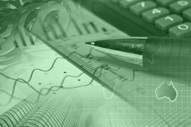 Business collage about reporting - pen, graph and map.