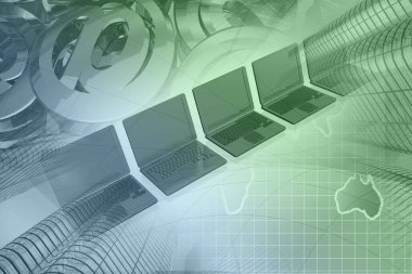 İletişim kolajı - harita, posta tabelaları ve dizüstü bilgisayarlar.