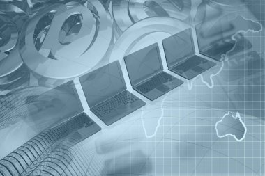 İletişim kolajı - harita, posta tabelaları ve dizüstü bilgisayarlar.