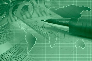 Business collage about reporting - pen, graph and map.