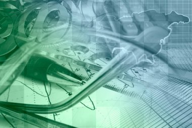 Raporlama hakkında iş kolajı - kalem, grafik ve gözlük.