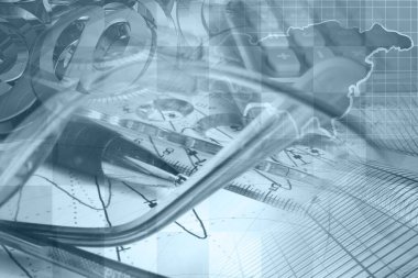 Raporlama hakkında iş kolajı - kalem, grafik ve gözlük.