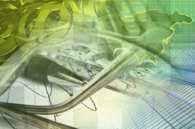 Raporlama hakkında iş kolajı - kalem, grafik ve gözlük.