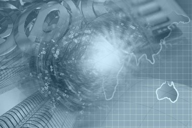 İletişim kolajı - harita, posta işaretleri ve rakamlar.