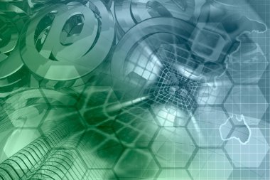 İletişim kolajı - harita, posta işaretleri ve rakamlar.