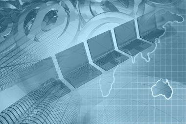 İletişim kolajı - harita, posta tabelaları ve dizüstü bilgisayarlar.