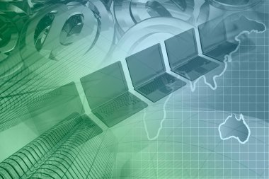 İletişim kolajı - harita, posta tabelaları ve dizüstü bilgisayarlar.