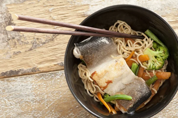 Milkfish Fillet Noodles Assorted Fresh Healthy Vegetables Served Bowl Chopsticks Jogdíjmentes Stock Képek