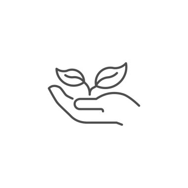 Elle ilgili vektör doğrusal simgesine bitki yerleştir. Yeşil çizgi simgesi. Çevre koruma. Filizle elini aç. Tarım sembolü. Beyaz arka planda izole edilmiş taslak çizimi. Düzenlenebilir vuruş