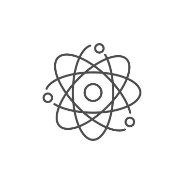 Atomla ilgili vektör çizgisi simgesi. Beyaz arkaplanda izole edilmiş vektör çizgisi çizimi. Nükleer enerji kaynağı. Elektron yörüngeli atom çekirdeği. Bilim, fizik ve kimya sembolü. Düzenlenebilir vuruş