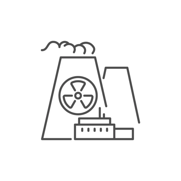 核电厂相关矢量线形图标 有辐射标志的发电厂原子能制造技术 矢量轮廓在白色背景上孤立 可编辑笔划 — 图库矢量图片