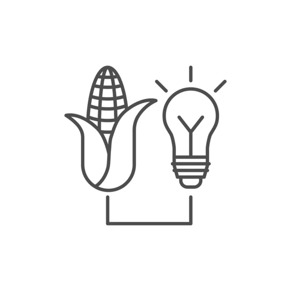 生物质能相关矢量线形图标 玉米为灯泡提供动力 生态研究 生态能源和生物燃料 矢量轮廓在白色背景上孤立 可编辑笔划 — 图库矢量图片