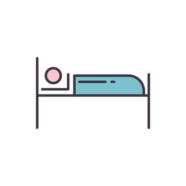 Hastane İşareti ile ilgili vektör çizgisi simgesi. Hasta, yatak. Beyaz arka planda izole edilmiş. Vektör çizimi. Düzenlenebilir vuruş