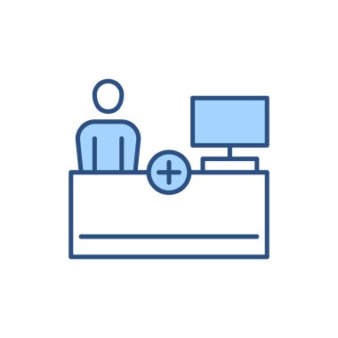 Resepsiyonla ilgili vektör çizgisi simgesi. İnsan, masa, bilgisayar, tıbbi haç. Beyaz arka planda izole edilmiş. Vektör çizimi. Düzenlenebilir vuruş