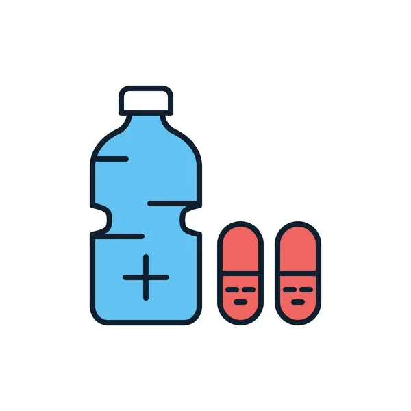 Ιατρικό Μπουκάλι Σχετικό Εικονίδιο Διανυσματική Γραμμή Χάπια Νερό Απομονωμένο Λευκό — Διανυσματικό Αρχείο