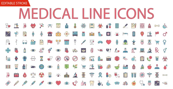 Набір Медичних Векторних Іконок Лінійні Піктограми Знаки Символи Контурі Заповнити — стоковий вектор