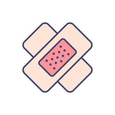 Sargı bezi ile ilgili vektör çizgisi simgesi. Yara tedavisi için yapışkan sargı. Travma için bandaj. Beyaz arka planda izole edilmiş. Vektör çizimi. Düzenlenebilir vuruş