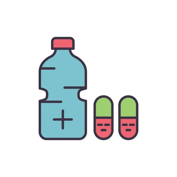 Ιατρικό Μπουκάλι Σχετικό Εικονίδιο Διανυσματική Γραμμή Χάπια Νερό Απομονωμένο Λευκό — Διανυσματικό Αρχείο