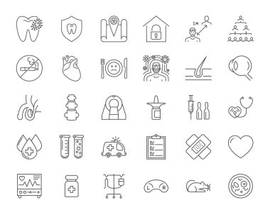 Tıbbi Vektör Simgeleri ayarlandı. Çizgi Simgeleri, İmza ve Semboller Doğrusal Tasarım. İlaç, Sağlık Hizmetleri ve Coronavirus COVID-19 salgını. Mobil Kavramları ve Web Uygulamaları. Modern Infographic Logo ve Pictogram.