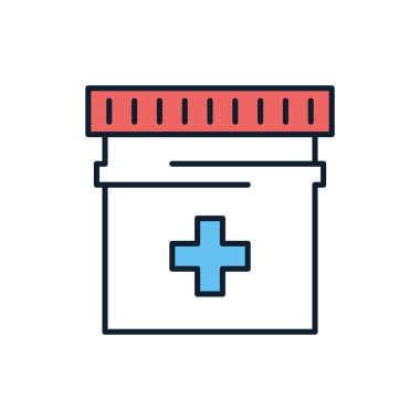 Haplarla ilgili vektör çizgisi simgesi. Tıbbi haç, konteyner, şişe. Beyaz arka planda izole edilmiş. Vektör çizimi. Düzenlenebilir vuruş