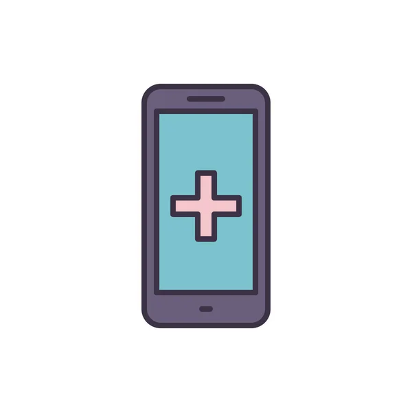医療アプリ関連のベクトルラインアイコンを持つスマートフォン 医療クロスだ 白い背景に隔離されている ベクトルイラスト 編集可能なストローク — ストックベクタ
