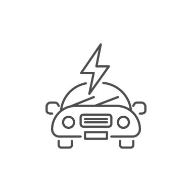 Electric car related vector linear icon. Eco friendly auto. Green vehicle. Automobile with lightning. Vector outline illustration Isolated on white background. Editable stroke clipart