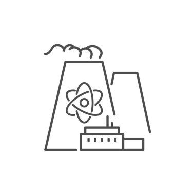 Nükleer enerji santrali bağlantılı vektör doğrusal simgesi. Atom enerjisi üretim teknolojisi. Beyaz arkaplanda izole edilmiş vektör çizgisi çizimi. Düzenlenebilir vuruş