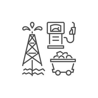 Yenilenemez enerji bağlantılı vektör doğrusal simgesi. Petrol kulesi, benzin istasyonu, kömür arabası. Beyaz arkaplanda izole edilmiş vektör çizgisi çizimi. Düzenlenebilir vuruş