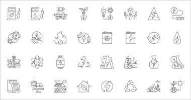 Enerji bağlantılı vektör doğrusal simgesi seti. Enerji endüstrisi. Elektrik üretim teknolojileri ve modern tesisler. Beyaz arkaplanda izole edilmiş vektör çizgisi çizimi. Düzenlenebilir vuruş