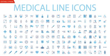 Tıbbi Vektör Simgeleri ayarlandı. Mobil Kavramların ve Web Uygulamalarının Elementleri ile Ana Tasarım Tıp ve Sağlık Hizmetlerinde Satır Simgeleri, İmza ve Sembolleri. Koleksiyon Modern Infographic Logo ve Pictogram