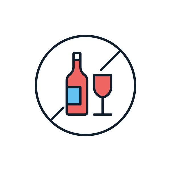 Значка Векторной Линии Связанной Употреблением Алкоголя Бутылка Стакан Знак Запрета — стоковый вектор