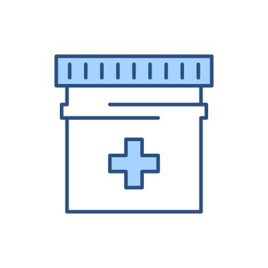 Haplarla ilgili vektör çizgisi simgesi. Tıbbi haç, konteyner, şişe. Beyaz arka planda izole edilmiş. Vektör çizimi. Düzenlenebilir vuruş