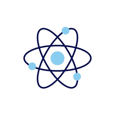 Atomla ilgili vektör çizgisi simgesi. Nükleer enerji kaynağı. Bilim sembolü. Atomik yapı modeli. Elektronlar, nötronlar ve protonlar. Atom çekirdekleri. Nükleer madde ve güç. Vektör illüstrasyonu