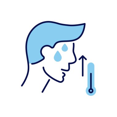 Vücut ısısıyla ilgili vektör simgesi. İnsan kafası ve yüksek sıcaklık termometresi. Yüksek sıcaklık işareti. Beyaz arka planda izole edilmiş. Düzenlenebilir vektör illüstrasyonu