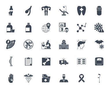 Tıbbi Vektör Simgeleri ayarlandı. Katı Tasarımda Semboller, Simgeler ve Semboller. İlaç, Sağlık Hizmetleri ve Coronavirus COVID 19 salgını. Mobil Kavramları ve Web Uygulamaları. Modern Infographic Logo ve Pictogram